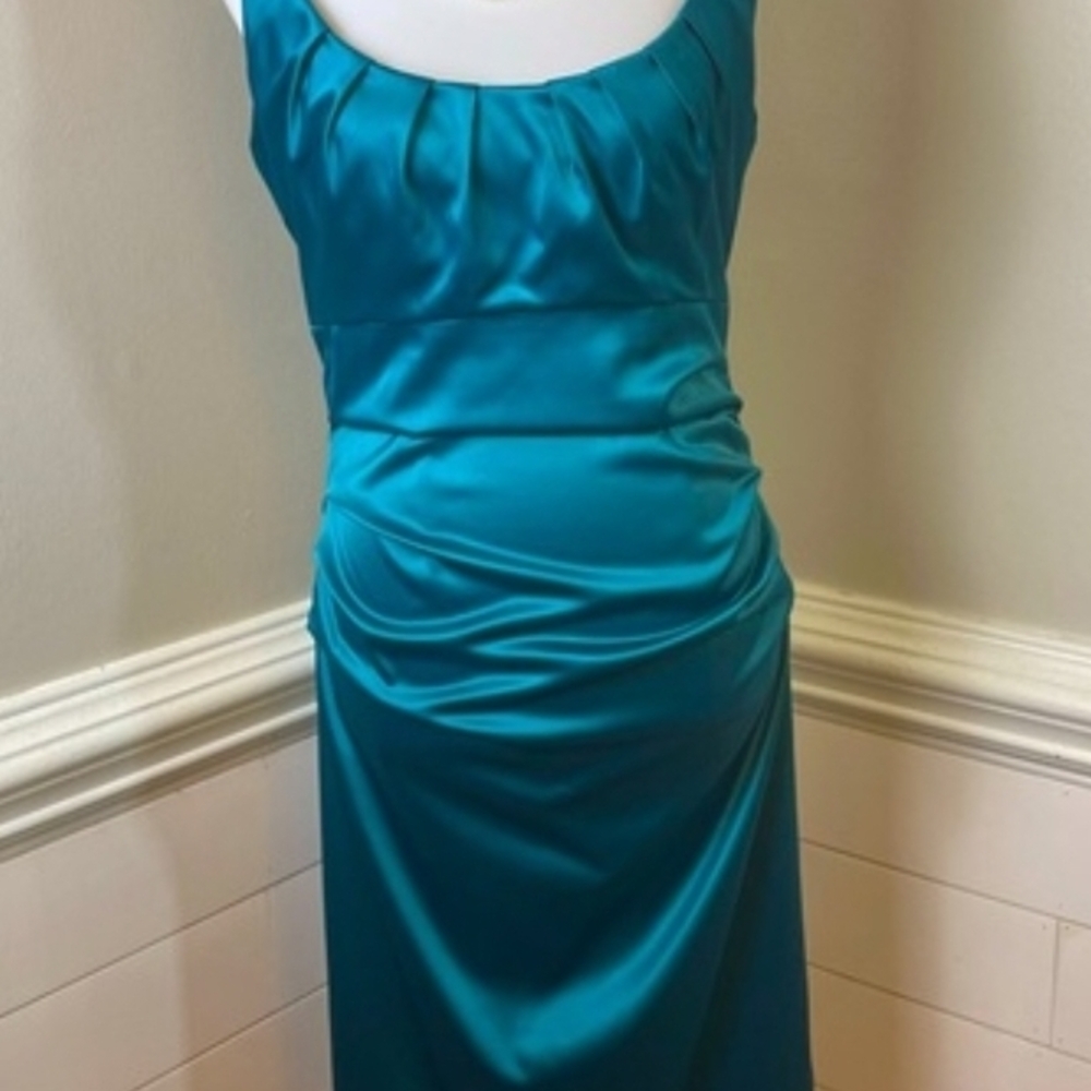 Suzi Chin for Maggy Boutique Blue Ruched Sheath Midi Dress